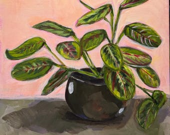 Original Acrylic Painting 'Prayer Plant' 8"x8" on 3/4" depth Cradled Wood.