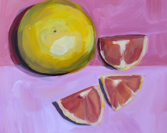Original 8"x8"  Acrylic Painting 'Pink Grapefruit' on 3/4" Cradled Wood. Ready to hang, no frame needed.