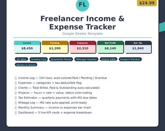 Freelancer Income & Expense Tracker Google Sheets | Invoice Log | Tax Estimator | Self-Employed Template