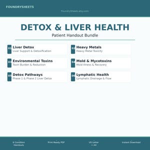 Puede incluir: Un paquete de folletos para pacientes en color verde azulado y blanco titulado "DETOX & LIVER HEALTH". El folleto incluye seis condiciones: Desintoxicación hepática, Metales pesados, Toxinas ambientales, Moho y micotoxinas, Vías de desintoxicación y Salud linfática.