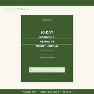 May include: A printable PDF 90-day migraine and headache trigger journal. The cover is dark green with white text that reads "90-DAY MIGRAINE & HEADACHE TRIGGER JOURNAL". The journal includes space to track, identify, and prevent triggers. The journal is US Letter size.
