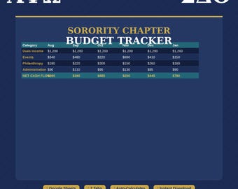 Sorority Budget Template Google Sheets | Chapter Treasurer Spreadsheet | Greek Life Finance Tracker