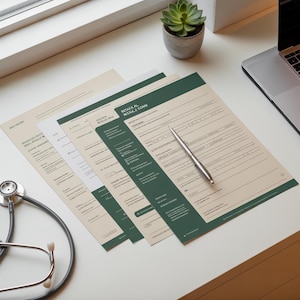May include: A collection of medical forms with green and beige accents, a silver pen, and a stethoscope on a white surface. A small potted succulent and a laptop are also visible.