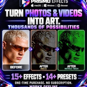 May include: A digital software advertisement titled PRISMO EFFECTS featuring a before and after comparison of a person wearing sunglasses. The image displays ASCII and Matrix Rain effects, with text stating Turn Photos & Videos Into Art.