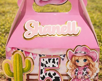 Cajas de regalo de vaquera rosa, cajas de dulces personalizadas, cajas de golosinas para fiestas del oeste, cumpleaños de vaquera con nombre personalizado, recuerdo de fiesta de primer rodeo en 3D