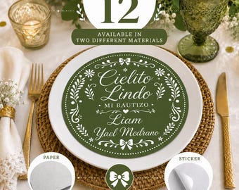 Pegatinas personalizadas para platos, decoración para platos de baby shower, pegatinas para platos de bautizo, pegatinas personalizadas para fiestas, juego de 12