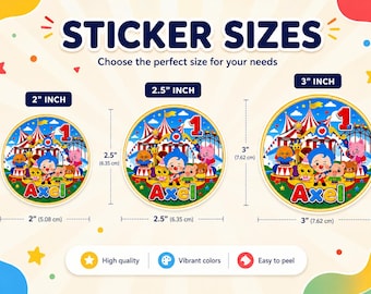 Juego de 12 pegatinas de cumpleaños con temática de circo / Etiquetas de cumpleaños personalizadas / Pegatinas para fiestas personalizadas / Pegatinas para el primer cumpleaños / Etiquetas de 2", 2.5" y 3"