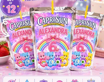 Etiquetas Capri Sun para fiestas de cumpleaños, etiquetas personalizadas para bolsitas de jugo, pegatinas de recuerdo de fiesta de oso arcoíris, juego de 12