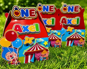 Cajas de recuerdo de primer cumpleaños del Circo Plin Plin, juego de 6 / Cajas de fiesta 3D personalizadas / Cajas de dulces de primer cumpleaños / Cajas de recuerdo personalizadas para niños,