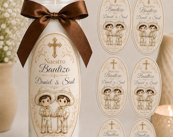 Pegatinas para velas de bautizo de gemelos, etiquetas personalizadas Nuestro Bautizo, pegatinas impermeables para recuerdos de bautizo, juego de 6 etiquetas personalizadas para velas