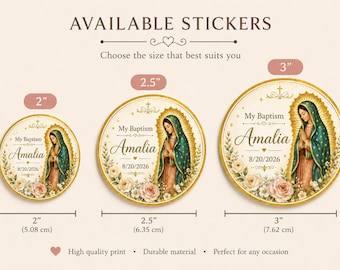Pegatinas de bautismo de la Virgen de Guadalupe, etiquetas personalizadas de Mi Bautizo, pegatinas personalizadas para recuerdos católicos, pegatinas para fiestas de bautismo