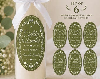 Pegatinas para velas de bautizo Cielito Lindo, etiquetas personalizadas para velas de bautizo, recuerdos de bautizo mexicanos, juego de 6