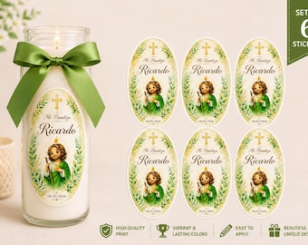 Pegatinas para velas de bautismo de San Judas, etiquetas personalizadas para bautizo de San Judas, etiquetas religiosas personalizadas para velas, juego de 6 pegatinas de recuerdo.