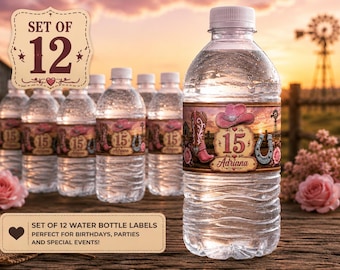 Etiquetas para botellas de agua con temática de vaquera, pegatinas personalizadas para botellas de agua con temática del Oeste para cumpleaños, set de 12 artículos de fiesta de rodeo en color rosa.