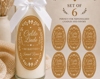 Pegatinas para velas de bautizo Cielito Lindo, etiquetas personalizadas para velas de bautizo, recuerdos de bautizo mexicanos, juego de 6