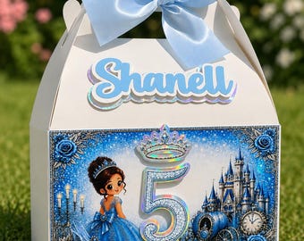 Caja de regalo de Cenicienta para cumpleaños de niñas/Caja de dulces de princesa personalizada/Caja de regalo azul para fiesta de princesa/Caja de dulces de Cenicienta/Producto físico