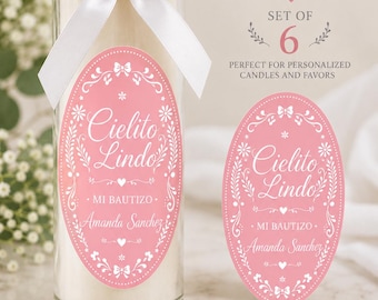 Pegatinas para velas de bautizo Cielito Lindo, etiquetas personalizadas para velas de bautizo, recuerdos de bautizo mexicanos, juego de 6