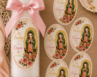 Pegatinas para velas de bautismo de la Virgen de Guadalupe, etiquetas personalizadas para mi bautizo, pegatinas personalizadas para recuerdos de bautismo, juego de 6