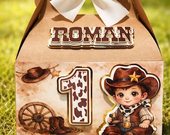Cajas de regalo personalizadas en 3D con diseño de vaquero, ideales para fiestas de cumpleaños con temática del Oeste o para el primer cumpleaños de un niño.