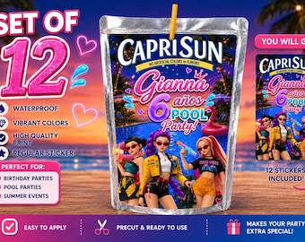 Etiquetas personalizadas para Capri Sun / Pegatinas para Capri Sun para fiestas en la piscina / Pegatinas impermeables o normales / Juego de 12 etiquetas para bolsitas de zumo de cumpleaños