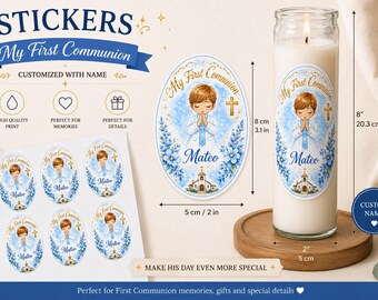 Pegatinas azules para velas de Primera Comunión para niños, etiquetas impermeables personalizadas, Mi Primera Comunión, calcomanías personalizadas para velas