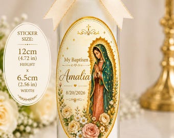 Pegatinas para velas de bautismo de la Virgen de Guadalupe, etiquetas personalizadas para mi bautizo, pegatinas personalizadas para recuerdos de bautismo, juego de 6