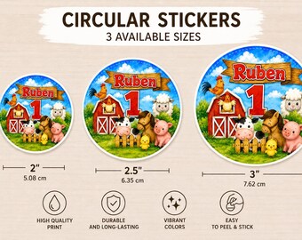 Pegatinas de cumpleaños de granja personalizadas, etiquetas para recuerdos de fiesta de granja, pegatinas de cumpleaños de animales de granja, fiesta de granja personalizada