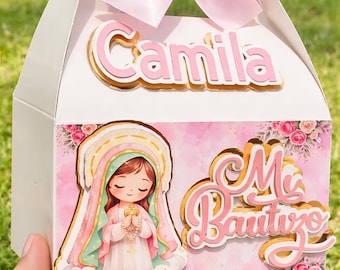 Caja de recuerdo blanca para bautizo de niña personalizada / Caja de dulces para mi bautizo / Elegante caja de recuerdo para fiesta religiosa / Caja de dulces con nombre personalizado