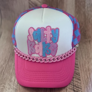 Salty Babe Premade Trucker Hat with adorable rhinestone hat chain.., Checkered, Girly, Beachy