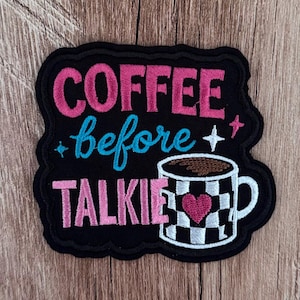 May include: A black embroidered patch featuring the pink text COFFEE, the blue text before, and the pink text TALKIE. A white and black checkered mug with a pink heart and brown coffee sits on the right, accented by small pink and white stars.