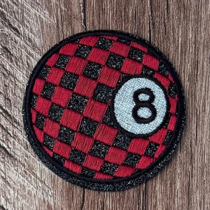 Glitter Checkered 8 Ball Embroidered Iron On Patch, 2.5" Round Pool Ball Applique