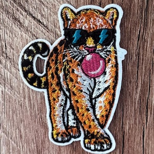 Leopard Blowing Bubble Iron-On Patch, Sunglasses, Lightning Bolts, Fun Hat Patch