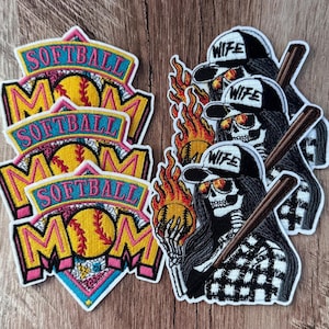 Skelly Softball Wife Mom Iron On Patches, Skull Game Day Apparel Accessories