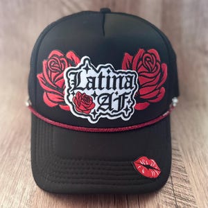 Latina AF Trucker Hat, Black with Red Roses and Rhinestone Trim
