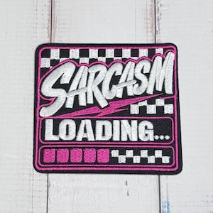 Sarcasm Loading Embroidered Patch, Hot Pink Checkered Sassy Iron-On Applique