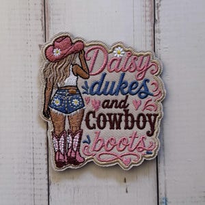 Daisy Dukes Cowboy Boots Iron On Patch, Western Trucker Hat Badge, Blonde or Brunette