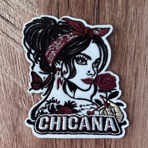 Chicana Girl Iron On Patch, Burgundy Roses, Tattooed Bandana Style, Latina Pride