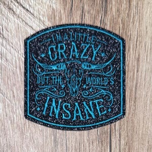 May include: A black embroidered patch with a shimmering texture featuring a turquoise steer skull graphic and the text I'M A LITTLE CRAZY BUT THE WORLD'S INSANE. The patch has a curved top edge and a rectangular base with rounded corners.