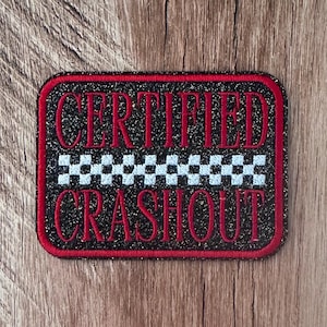 Certified Crashout Glitter Patch, Red Black Checkered Embroidery (Iron On)