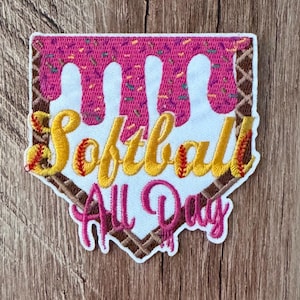 Drip Softball All Day Iron On Embroidered Patch, Shaped, Hot Pink or Light Pink
