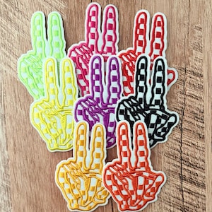 Checkered skelly peace sign hands- embroidered iron on patches DIY