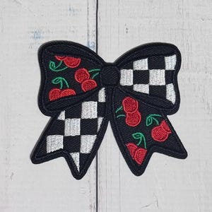 Checkered Cherry Bow Iron-On Patch, Girly Hat Bag Applique, 2.75" Wide