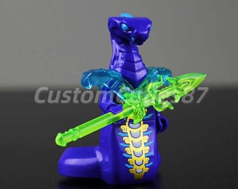 MOC Ninjago Mysterious Purple Serpentine Minifigure – Gold Scales with Blue Translucent Pauldrons