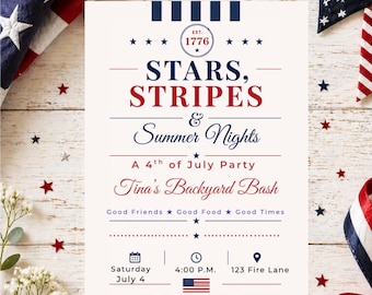 May include: A patriotic invitation for a 4th of July party, featuring the text "Stars, Stripes & Summer Nights." The design includes an American flag, star-shaped decorations, and red, white, and blue ribbons. The party is at Tina's Backyard Bash.