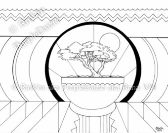 Adult Coloring Page Digital Color Sheet Printable Zen Bonsai ZenDoodle Line Art Childrens Colour JPEG File Instant Download