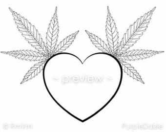 Printable Adult Color Page Heart Cannabis Marijuana Mary Jane Leaf Line Drawing Large Digital JPEG Download Boredom Buster Activity Zen Out