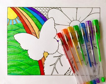 Dibujo para colorear imprimible: Mariposa, arcoíris, flores, amor. Descarga en formato JPEG grande. ¡Adiós al aburrimiento!