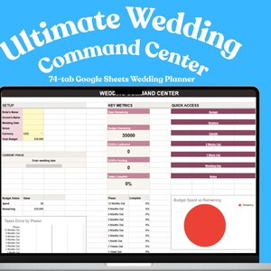 Puede incluir: Un planificador de bodas digital, titulado "Ultimate Wedding Command Center", que se muestra en una computadora portátil, una tableta y un teléfono inteligente. El planificador incluye secciones para presupuesto, invitados, proveedores y más. La imagen tiene un fondo azul.