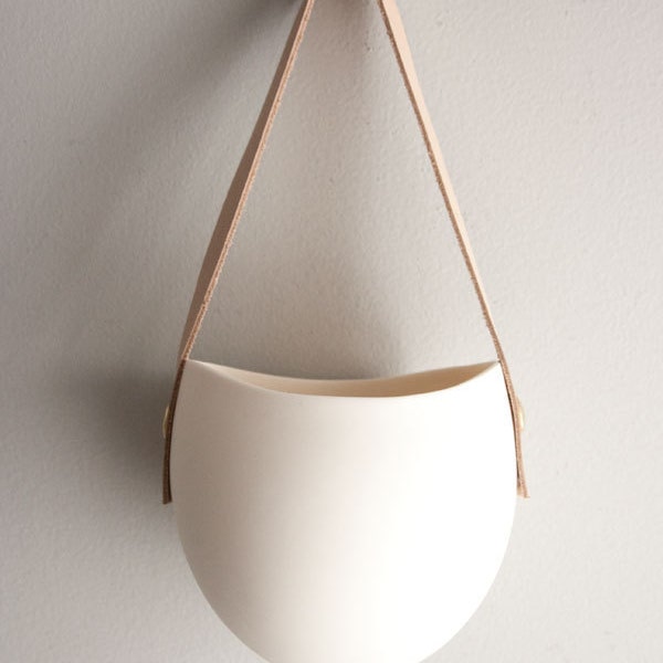 porcelain and leather hanging container- medium size