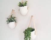 Set of 3 Spora w/ leather: porcelain hanging planters